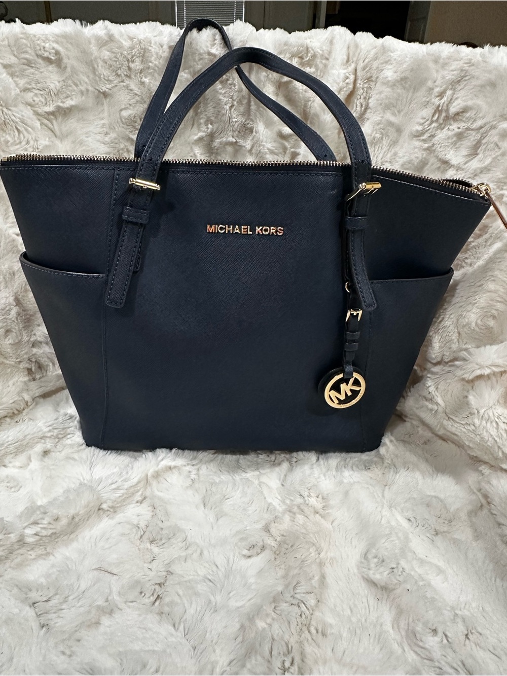 Michael Kors Navy Saffiano Zip-Top Tote with MK Charm